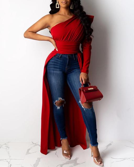 One Shoulder High Low Skirted Blouse