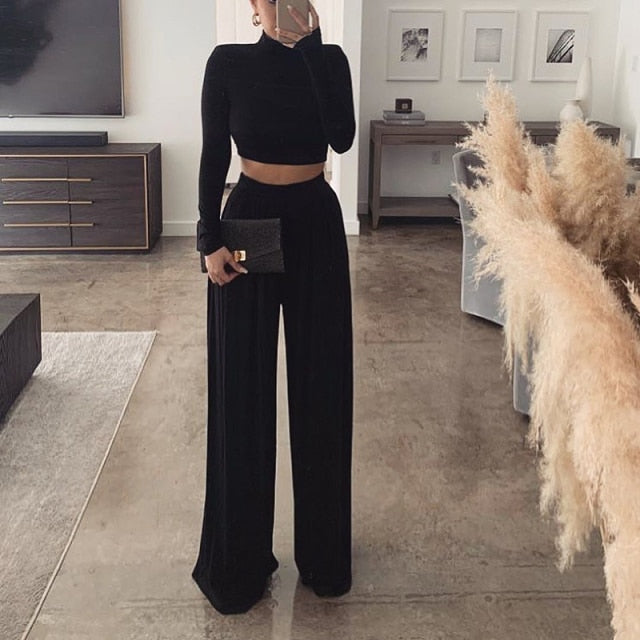 Long Sleeve Crop Top Pullover Two Piece Palazzo Pant Set