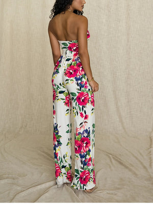 Floral Two Piece Knotted Crop Top Wide Leg Pant Set
