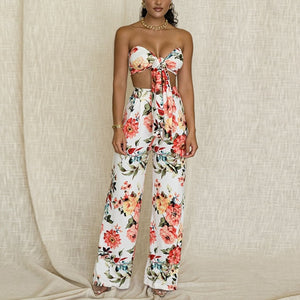 Floral Two Piece Knotted Crop Top Wide Leg Pant Set
