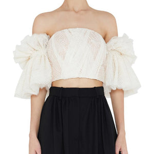 Ruffled Strapless Embroidered Crop Top