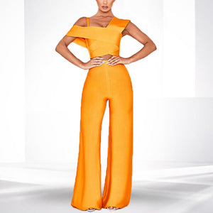 Sexy Knit One Shoulder Bandage Bodycon Two Piece Palazzo Pant Set