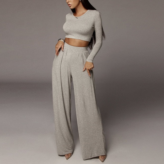 Long Sleeve Crop Top Pullover Two Piece Palazzo Pant Set